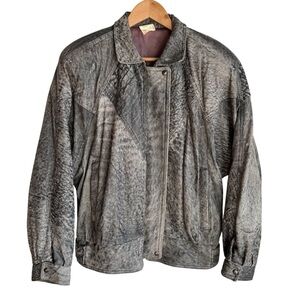 Vintage 80s 90s Printed Leather Bomber Jacket Mens L Grey Coat Retro Rare EUC